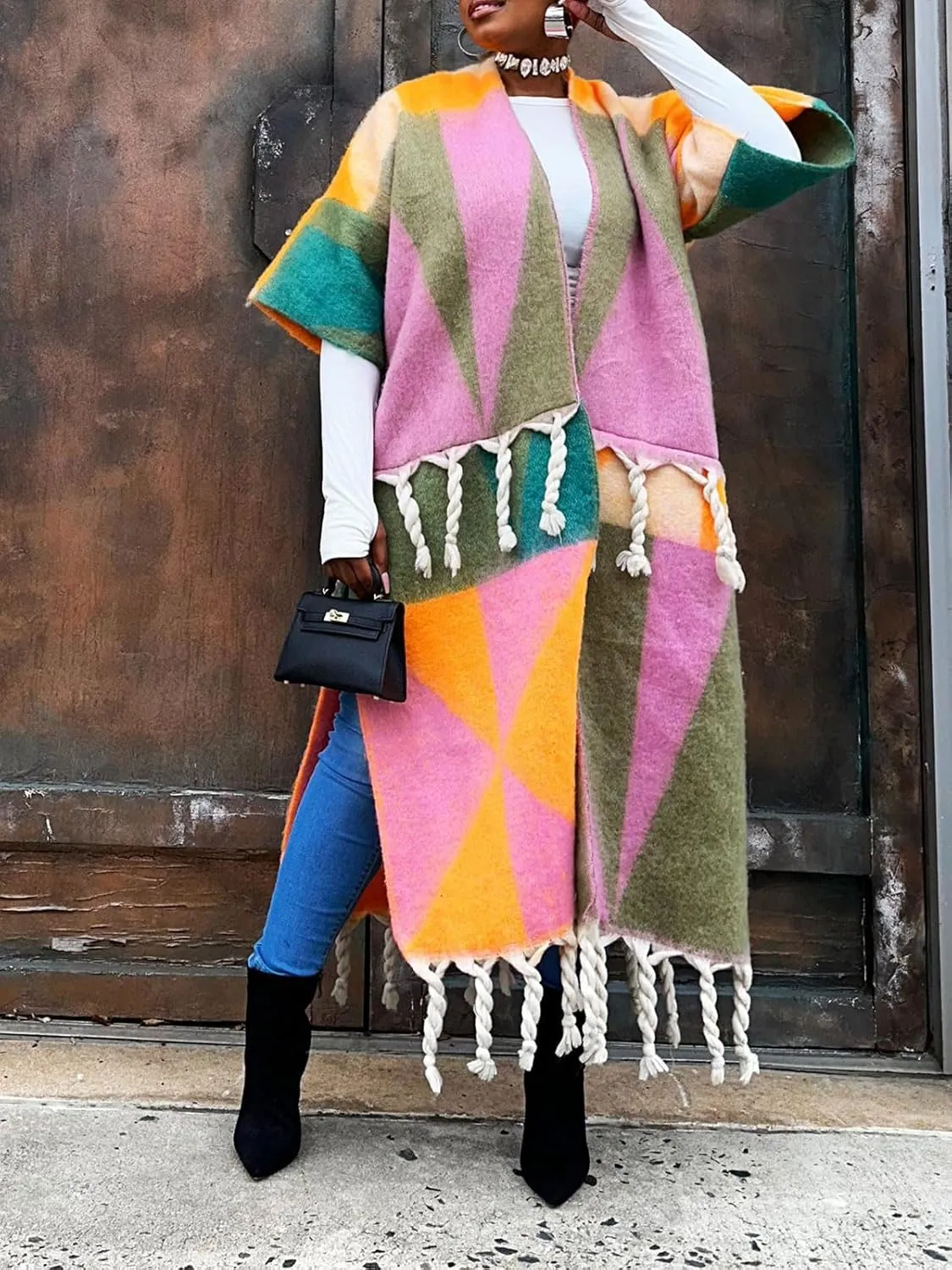 KANSOON Long Cardigans for Women Trendy Knit Sweater Color Block Fringes Open Front 3/4 Sleeve Maxi Tassels Coats