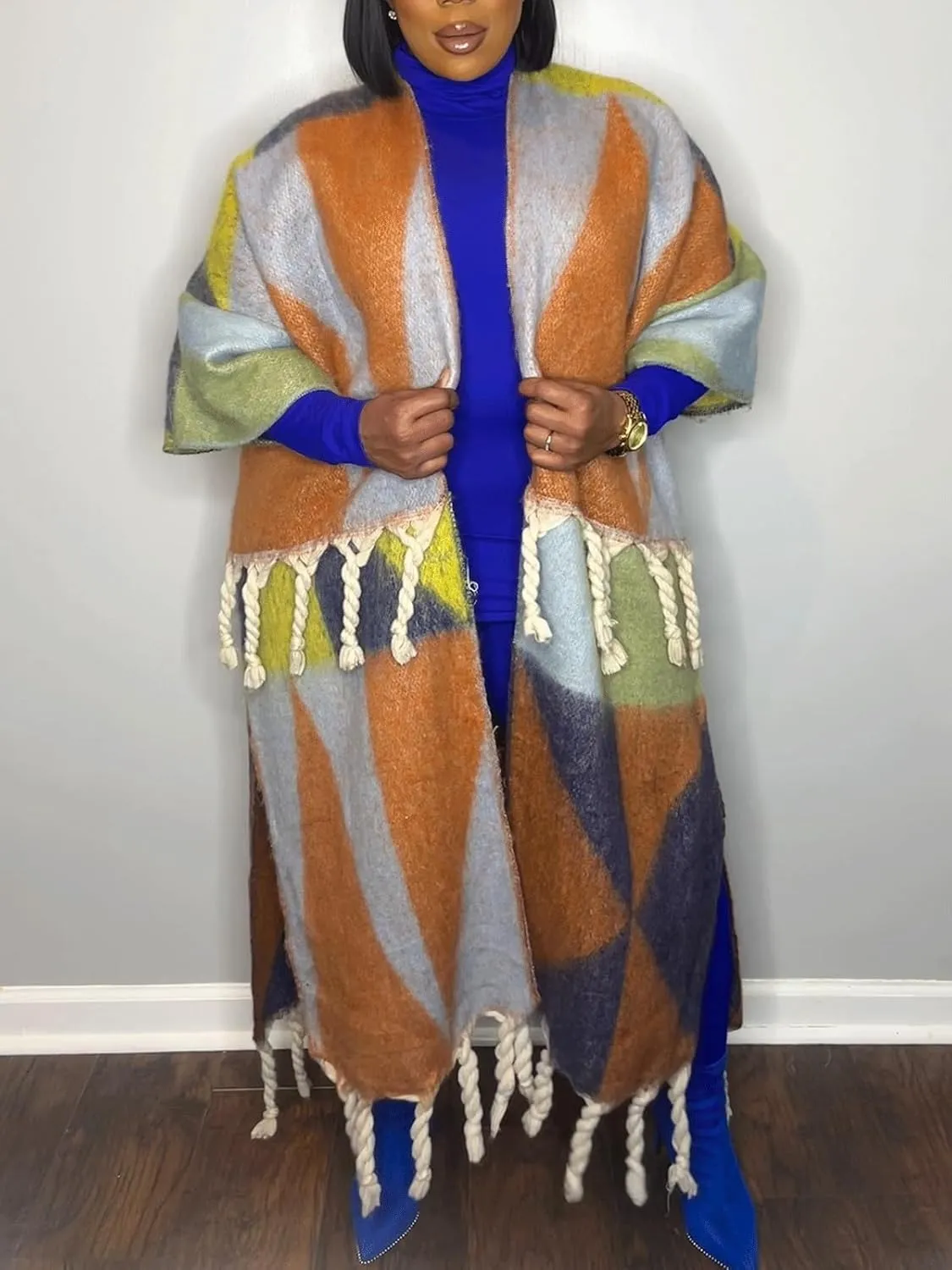 KANSOON Long Cardigans for Women Trendy Knit Sweater Color Block Fringes Open Front 3/4 Sleeve Maxi Tassels Coats