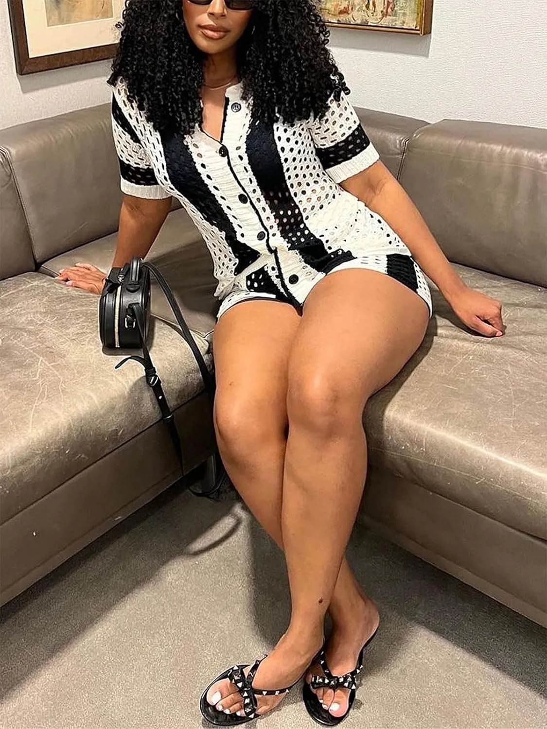 KANSOON Short Sets Women 2 Piece Outfits Knit Color Block Short Sleeve Button Down Shirt and Shorts Set