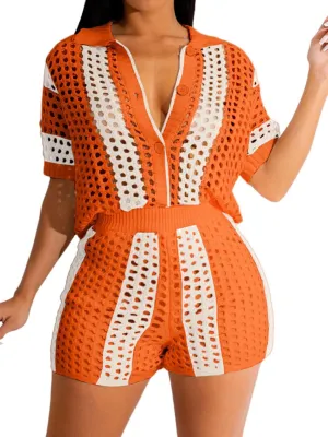 KANSOON Short Sets Women 2 Piece Outfits Knit Color Block Short Sleeve Button Down Shirt and Shorts Set