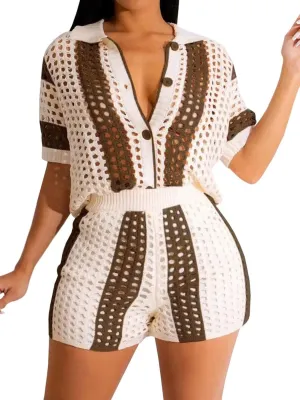 KANSOON Short Sets Women 2 Piece Outfits Knit Color Block Short Sleeve Button Down Shirt and Shorts Set