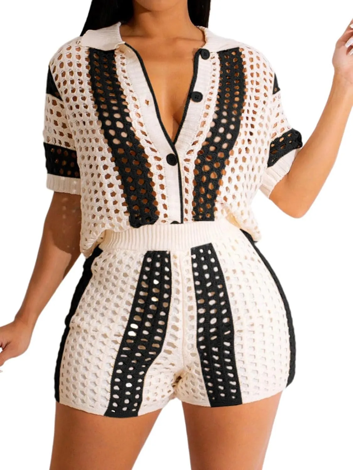 KANSOON Short Sets Women 2 Piece Outfits Knit Color Block Short Sleeve Button Down Shirt and Shorts Set