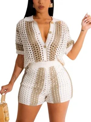 KANSOON Short Sets Women 2 Piece Outfits Knit Color Block Short Sleeve Button Down Shirt and Shorts Set