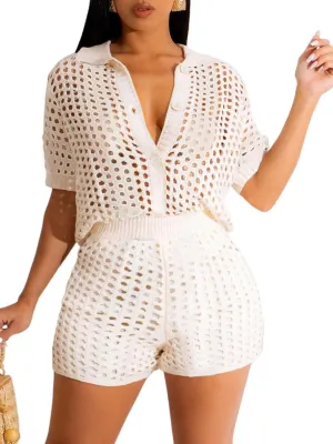KANSOON Short Sets Women 2 Piece Outfits Knit Color Block Short Sleeve Button Down Shirt and Shorts Set