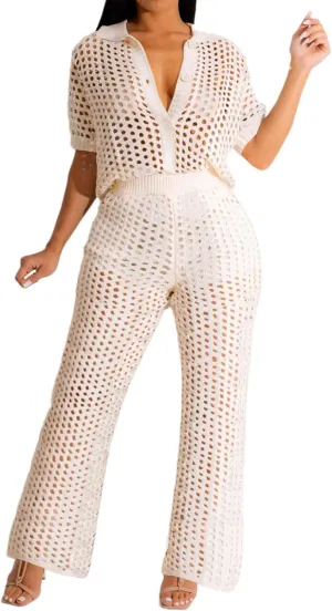 KANSOON Womens 2 Piece Outfits Crochet Knit Color Block Short Sleeve Button Down Shirt and Long Pants Vacation Beach Set