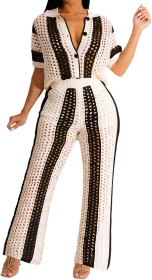 KANSOON Womens 2 Piece Outfits Crochet Knit Color Block Short Sleeve Button Down Shirt and Long Pants Vacation Beach Set