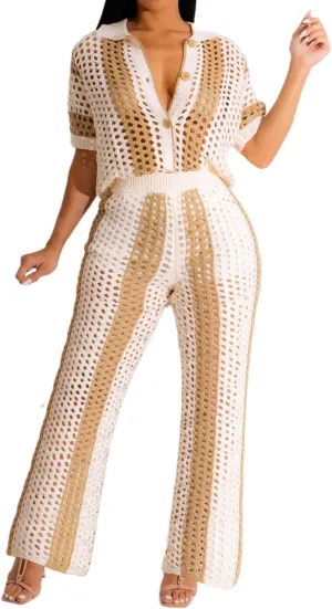 KANSOON Womens 2 Piece Outfits Crochet Knit Color Block Short Sleeve Button Down Shirt and Long Pants Vacation Beach Set