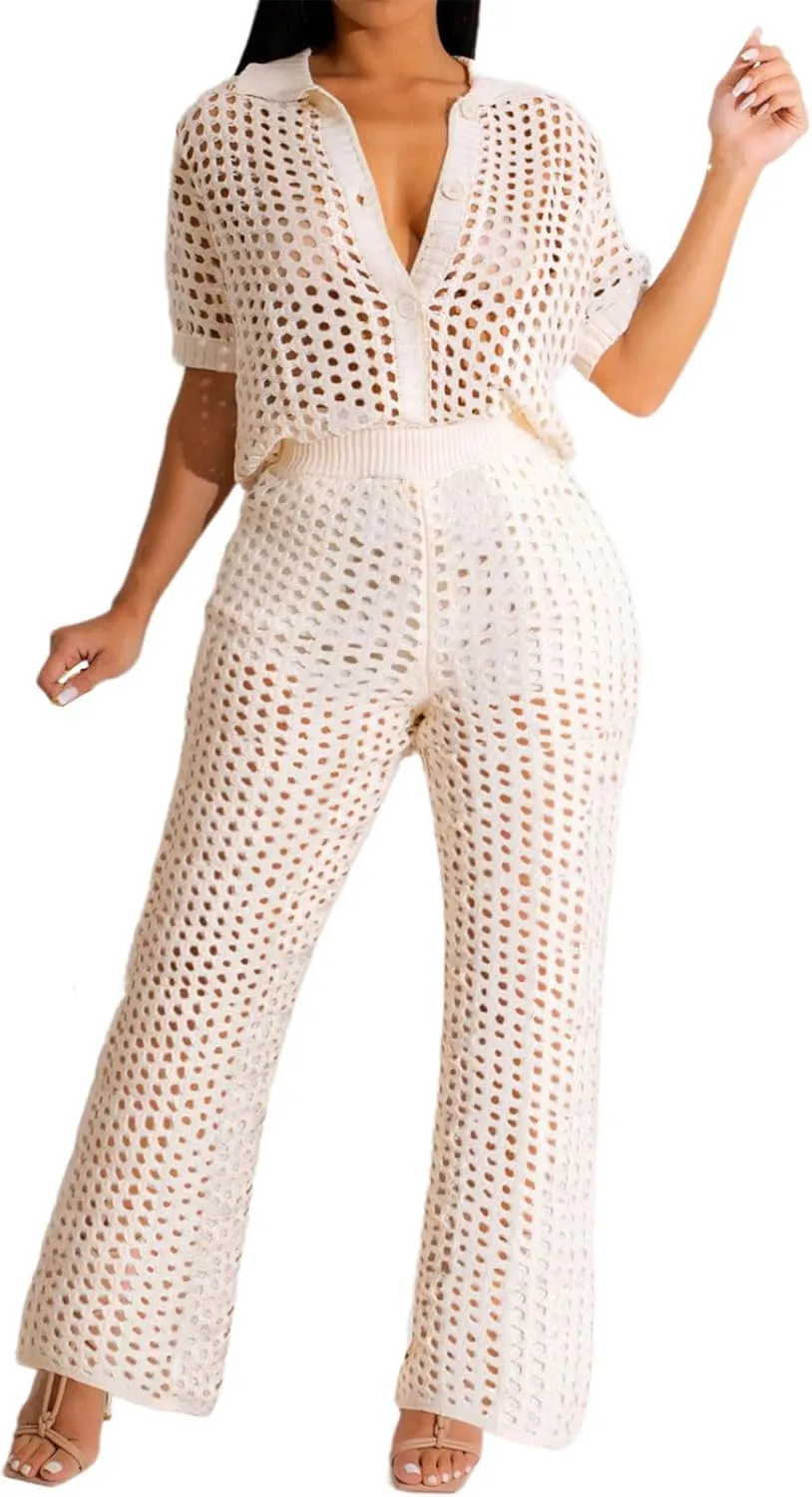 KANSOON Womens 2 Piece Outfits Crochet Knit Color Block Short Sleeve Button Down Shirt and Long Pants Vacation Beach Set