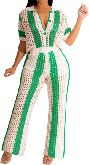 KANSOON Womens 2 Piece Outfits Crochet Knit Color Block Short Sleeve Button Down Shirt and Long Pants Vacation Beach Set