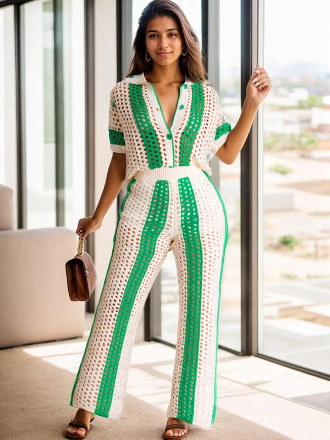 KANSOON Womens 2 Piece Outfits Crochet Knit Color Block Short Sleeve Button Down Shirt and Long Pants Vacation Beach Set