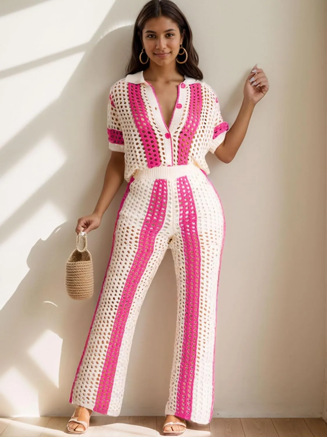 KANSOON Womens 2 Piece Outfits Crochet Knit Color Block Short Sleeve Button Down Shirt and Long Pants Vacation Beach Set