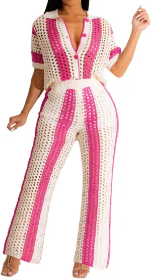 KANSOON Womens 2 Piece Outfits Crochet Knit Color Block Short Sleeve Button Down Shirt and Long Pants Vacation Beach Set
