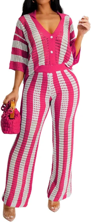 KANSOON Womens 2 Piece Outfits Summer Crochet Knit Short Sleeve Button Down Shirt Wide Leg Pants Beach Vacation Sets