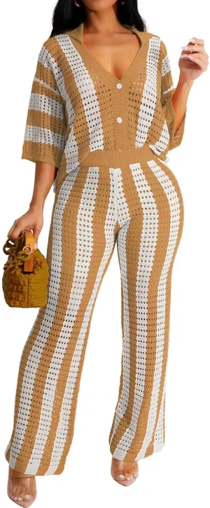 KANSOON Womens 2 Piece Outfits Summer Crochet Knit Short Sleeve Button Down Shirt Wide Leg Pants Beach Vacation Sets