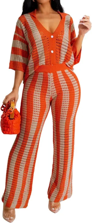 KANSOON Womens 2 Piece Outfits Summer Crochet Knit Short Sleeve Button Down Shirt Wide Leg Pants Beach Vacation Sets