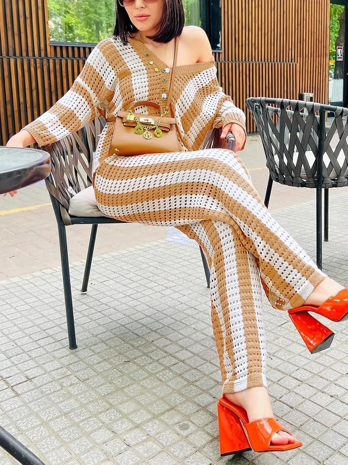 KANSOON Womens 2 Piece Outfits Summer Crochet Knit Short Sleeve Button Down Shirt Wide Leg Pants Beach Vacation Sets