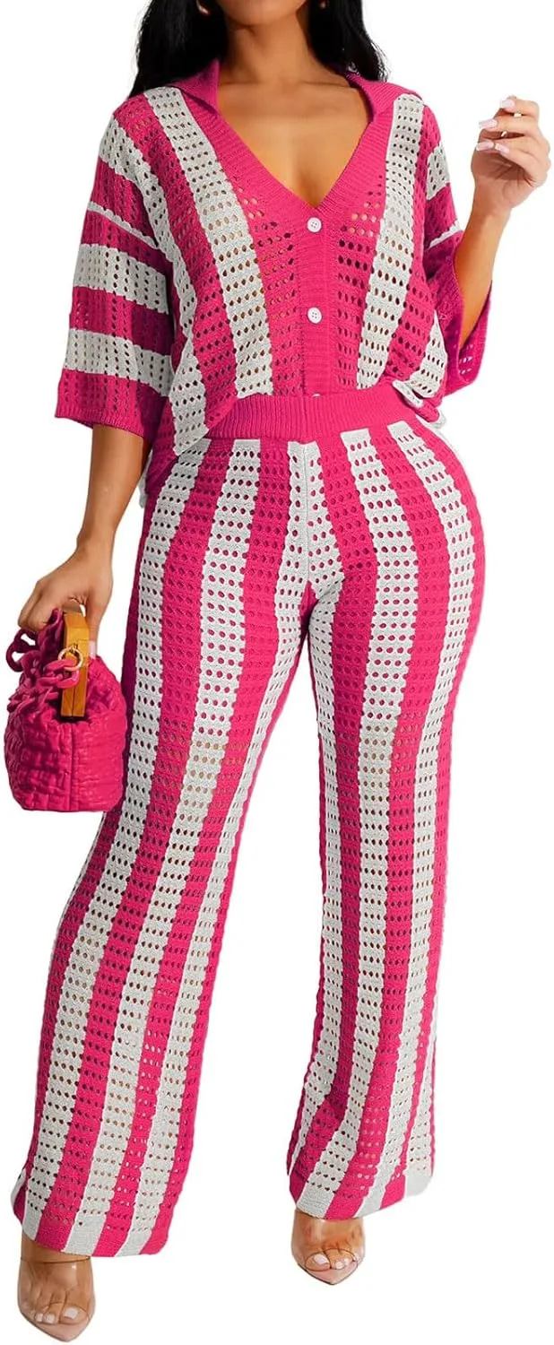 KANSOON Womens 2 Piece Outfits Summer Crochet Knit Short Sleeve Button Down Shirt Wide Leg Pants Beach Vacation Sets