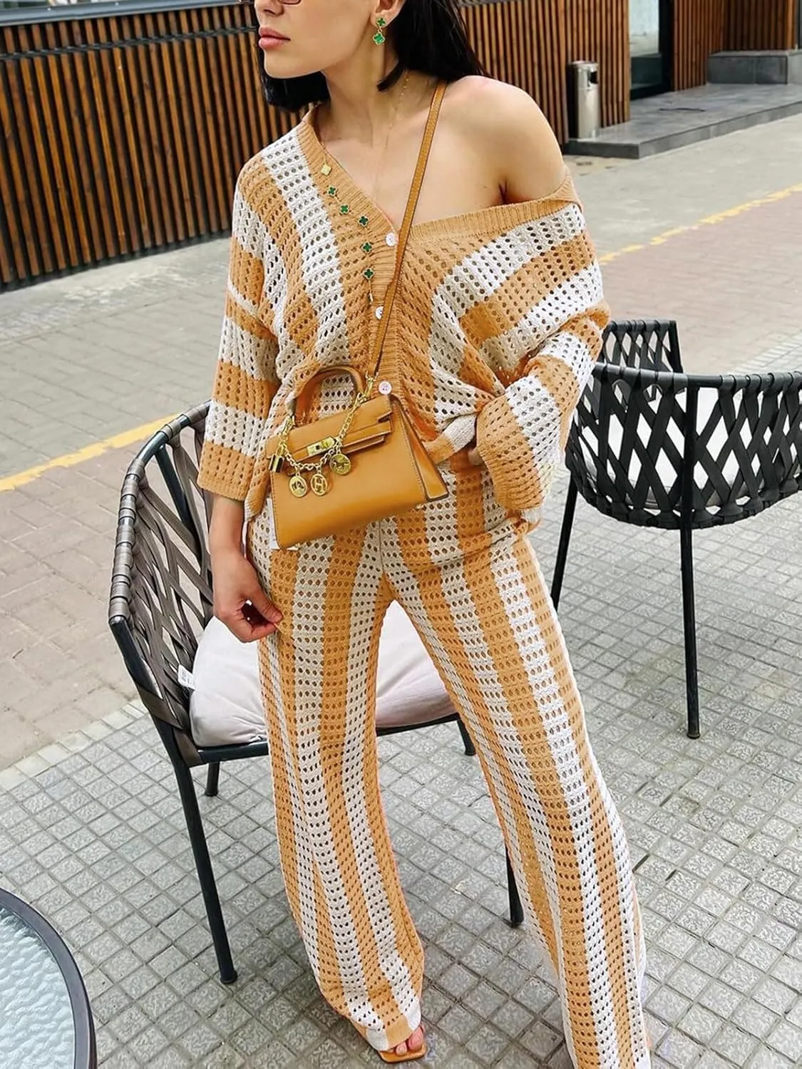 KANSOON Womens 2 Piece Outfits Summer Crochet Knit Short Sleeve Button Down Shirt Wide Leg Pants Beach Vacation Sets