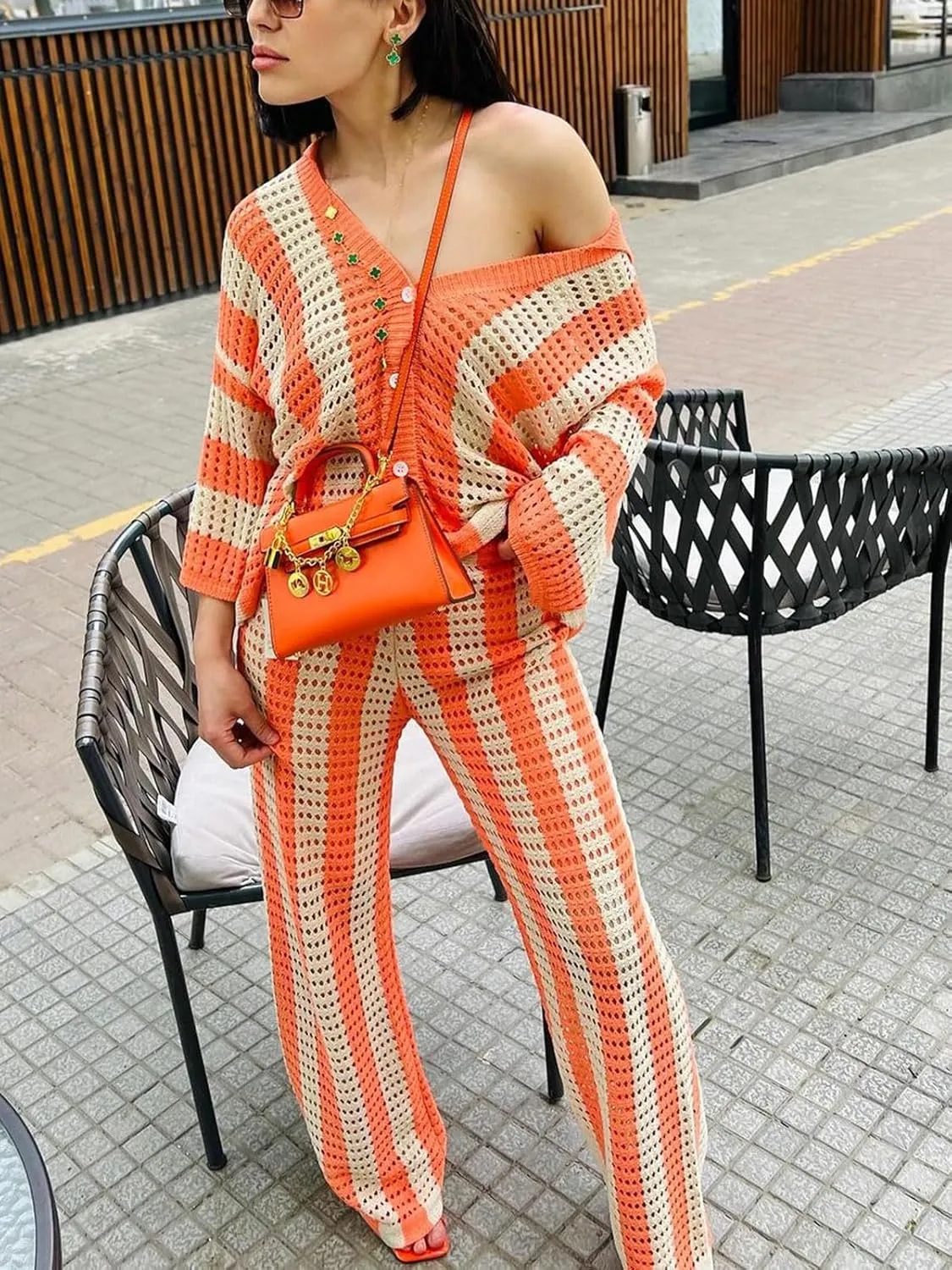 KANSOON Womens 2 Piece Outfits Summer Crochet Knit Short Sleeve Button Down Shirt Wide Leg Pants Beach Vacation Sets