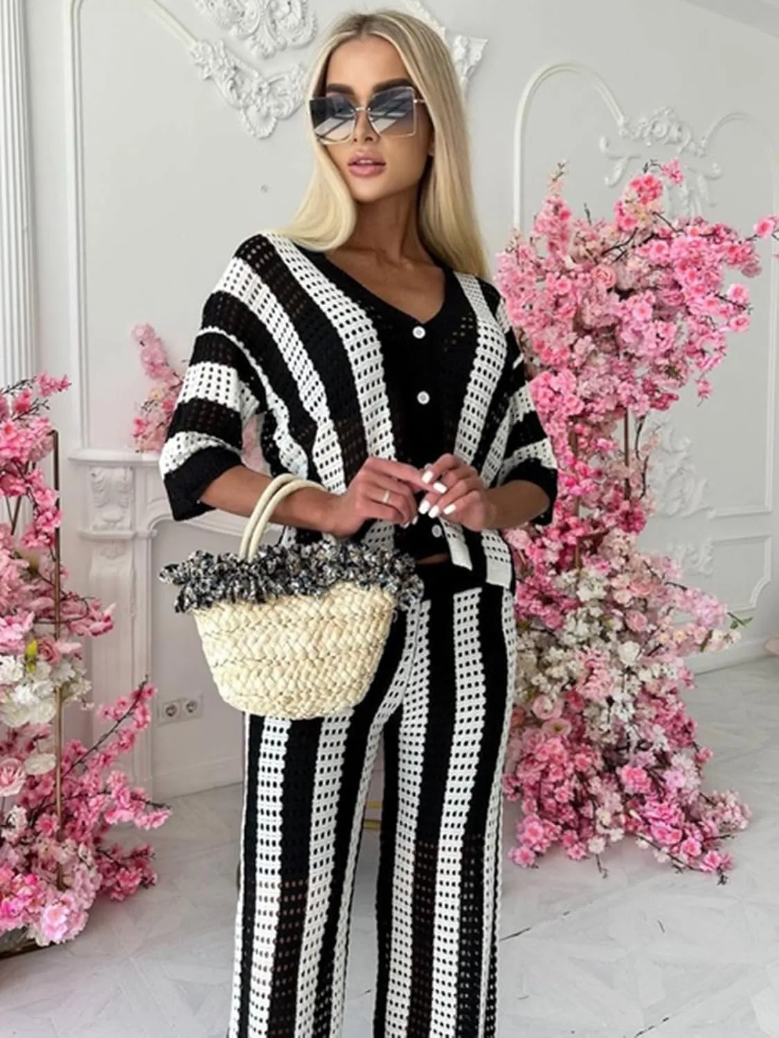 KANSOON Womens 2 Piece Outfits Summer Crochet Knit Short Sleeve Button Down Shirt Wide Leg Pants Beach Vacation Sets