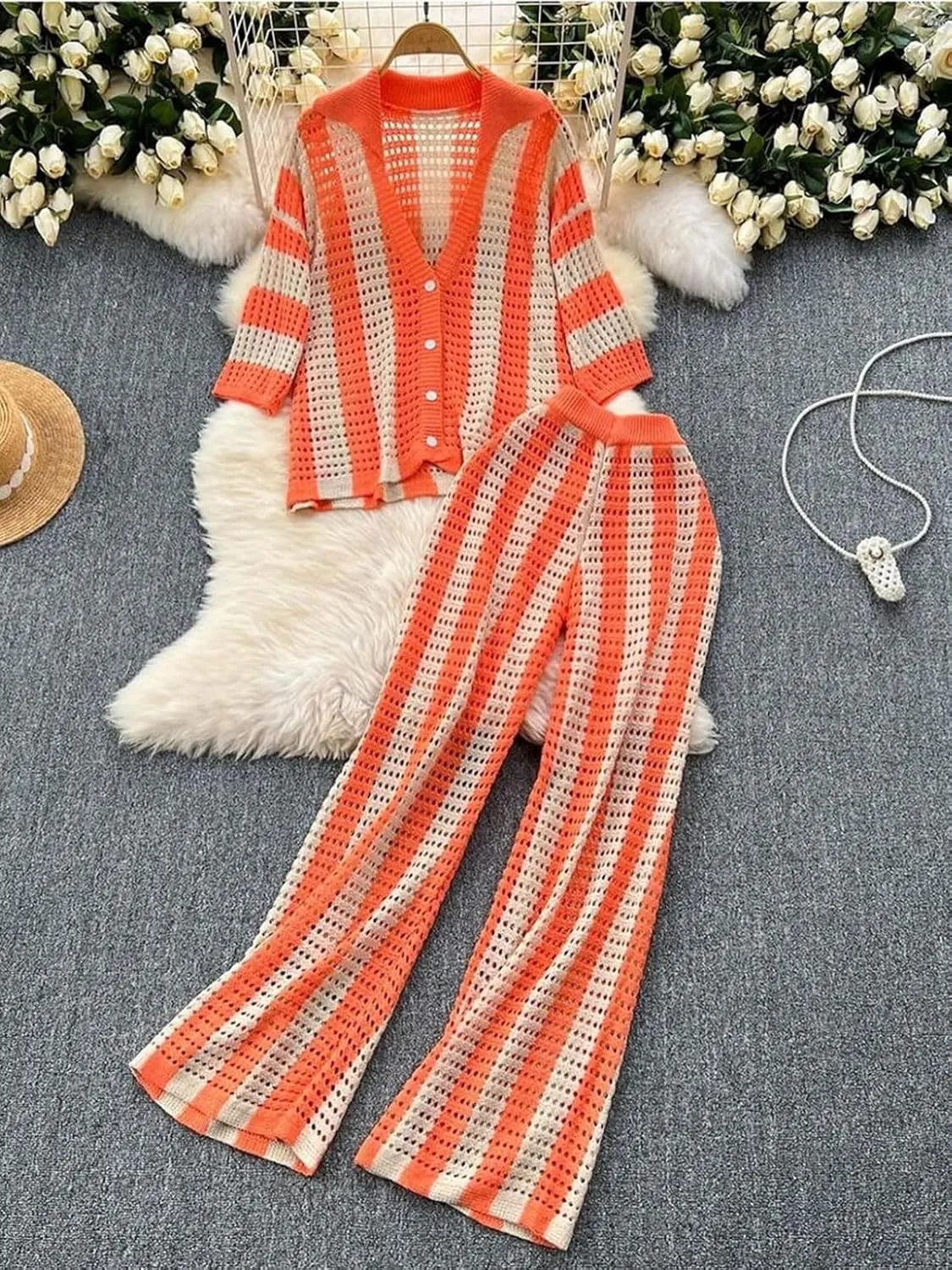 KANSOON Womens 2 Piece Outfits Summer Crochet Knit Short Sleeve Button Down Shirt Wide Leg Pants Beach Vacation Sets
