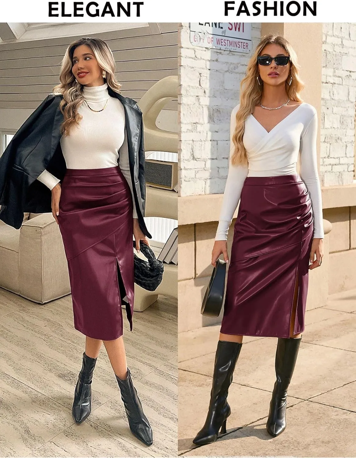 Kate Kasin 2024 Women's Faux Leather Skirts Front Slit Ruched Tummy Control High Waist Bodycon Midi Pencil Skirt S-XXL