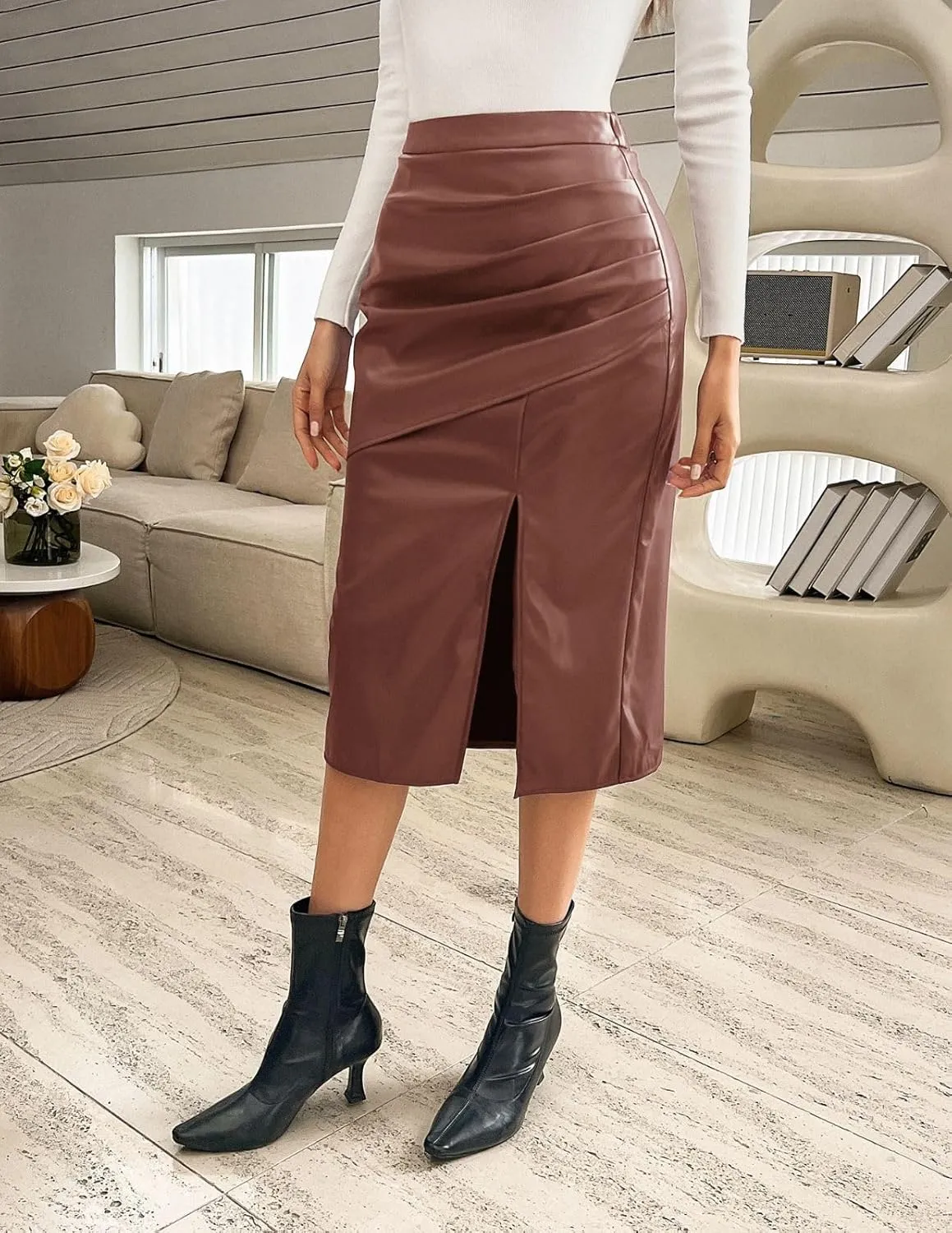Kate Kasin 2024 Women's Faux Leather Skirts Front Slit Ruched Tummy Control High Waist Bodycon Midi Pencil Skirt S-XXL