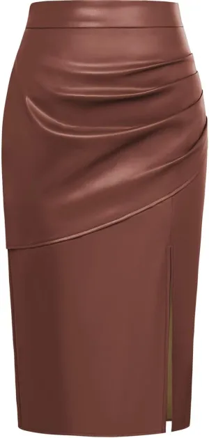 Kate Kasin 2024 Women's Faux Leather Skirts Front Slit Ruched Tummy Control High Waist Bodycon Midi Pencil Skirt S-XXL