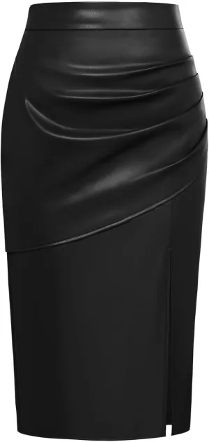 Kate Kasin 2024 Women's Faux Leather Skirts Front Slit Ruched Tummy Control High Waist Bodycon Midi Pencil Skirt S-XXL