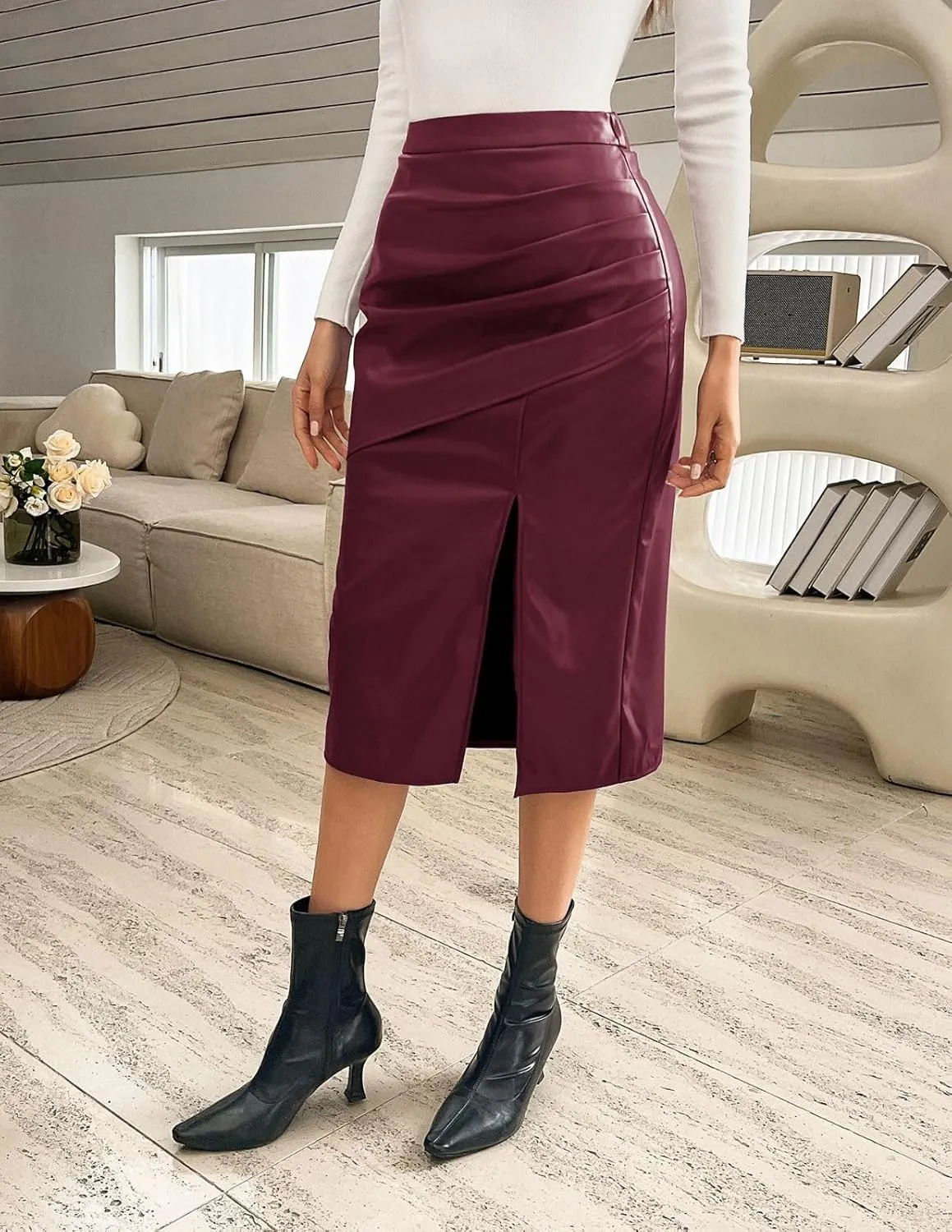 Kate Kasin 2024 Women's Faux Leather Skirts Front Slit Ruched Tummy Control High Waist Bodycon Midi Pencil Skirt S-XXL