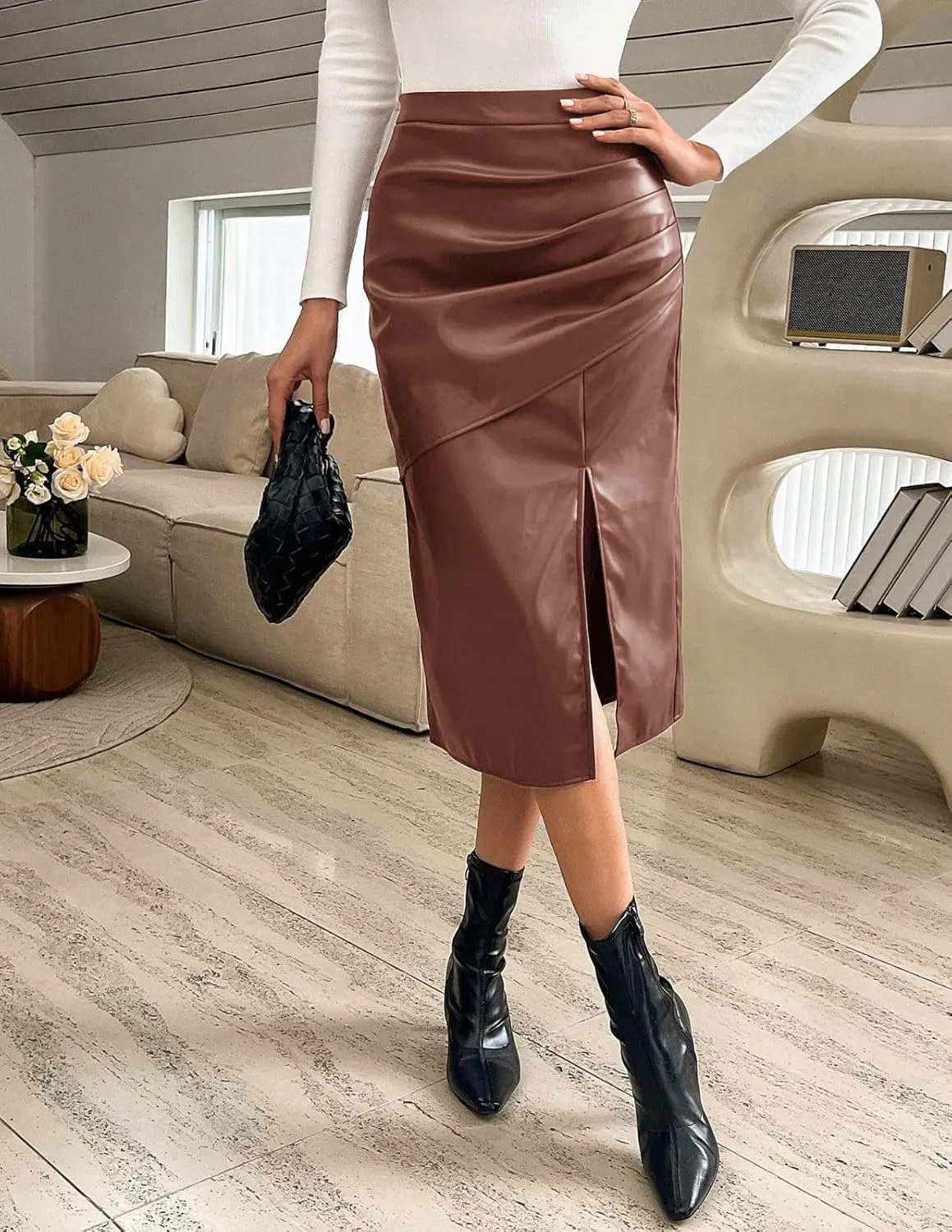 Kate Kasin 2024 Women's Faux Leather Skirts Front Slit Ruched Tummy Control High Waist Bodycon Midi Pencil Skirt S-XXL