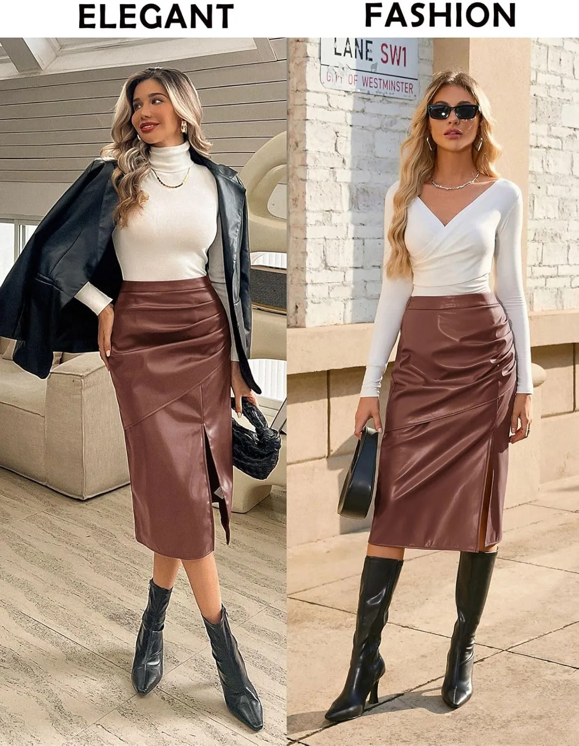 Kate Kasin 2024 Women's Faux Leather Skirts Front Slit Ruched Tummy Control High Waist Bodycon Midi Pencil Skirt S-XXL