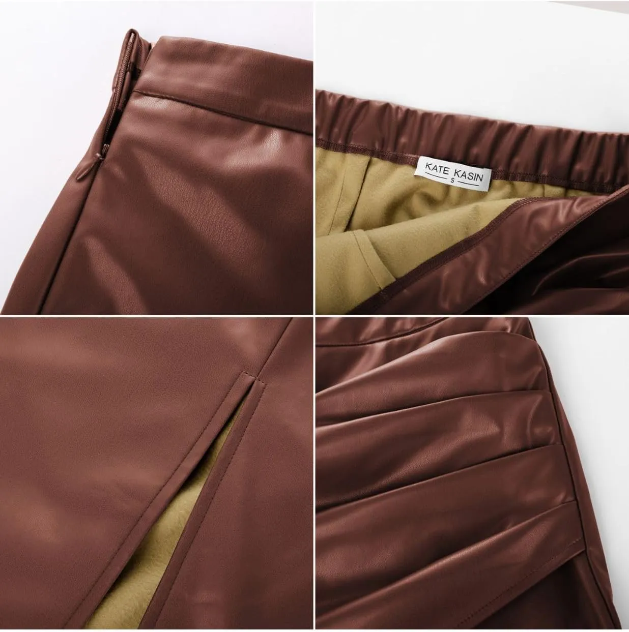 Kate Kasin 2024 Women's Faux Leather Skirts Front Slit Ruched Tummy Control High Waist Bodycon Midi Pencil Skirt S-XXL