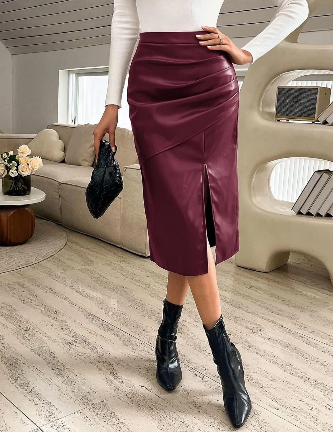 Kate Kasin 2024 Women's Faux Leather Skirts Front Slit Ruched Tummy Control High Waist Bodycon Midi Pencil Skirt S-XXL