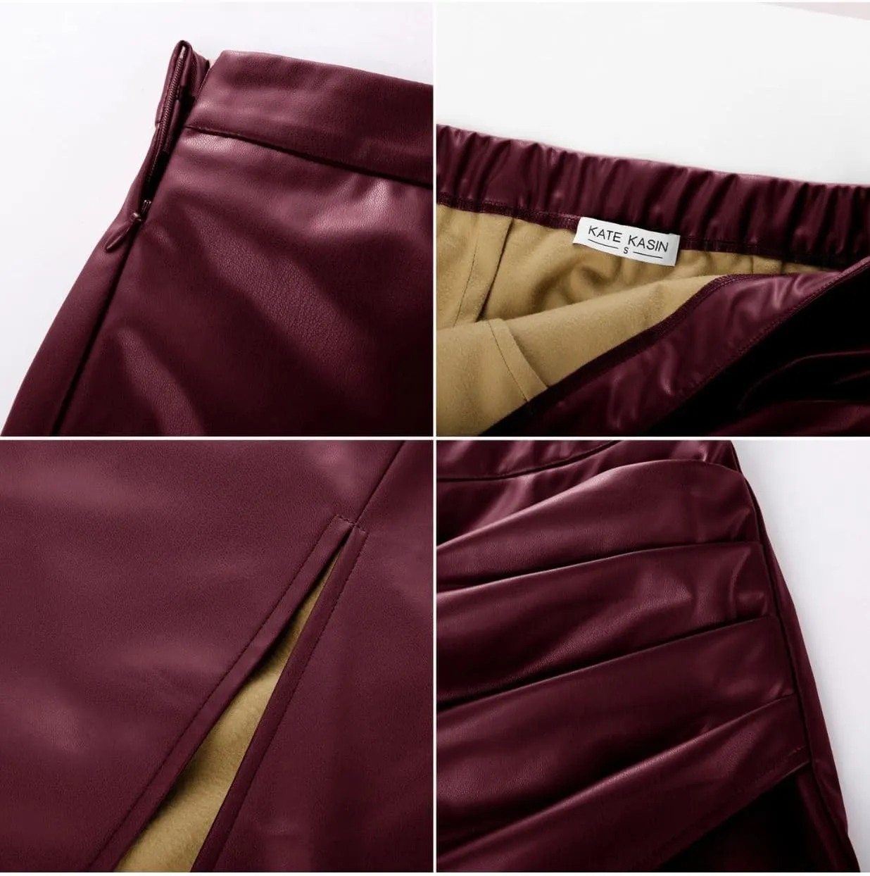 Kate Kasin 2024 Women's Faux Leather Skirts Front Slit Ruched Tummy Control High Waist Bodycon Midi Pencil Skirt S-XXL