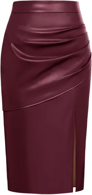 Kate Kasin 2024 Women's Faux Leather Skirts Front Slit Ruched Tummy Control High Waist Bodycon Midi Pencil Skirt S-XXL
