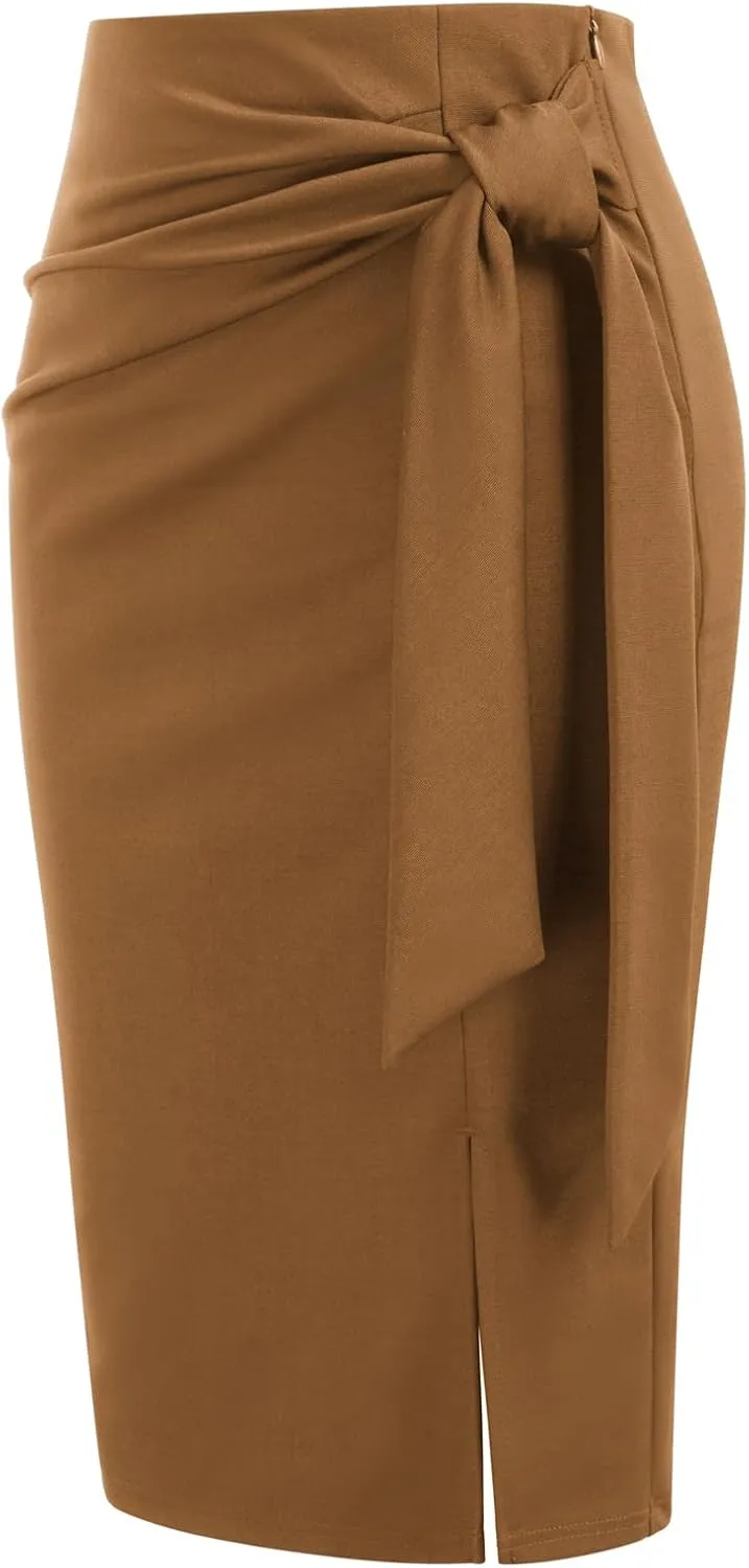 Kate Kasin Women's Skirt Elastic High Waist Bow Tie Knee Length Stretch Bodycon Pencil Skirts with Slit