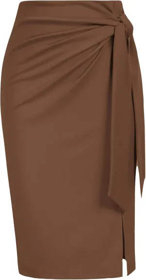 Kate Kasin Women's Skirt Elastic High Waist Bow Tie Knee Length Stretch Bodycon Pencil Skirts with Slit