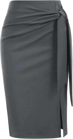 Kate Kasin Women's Skirt Elastic High Waist Bow Tie Knee Length Stretch Bodycon Pencil Skirts with Slit