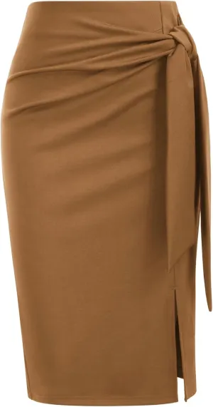 Kate Kasin Women's Skirt Elastic High Waist Bow Tie Knee Length Stretch Bodycon Pencil Skirts with Slit