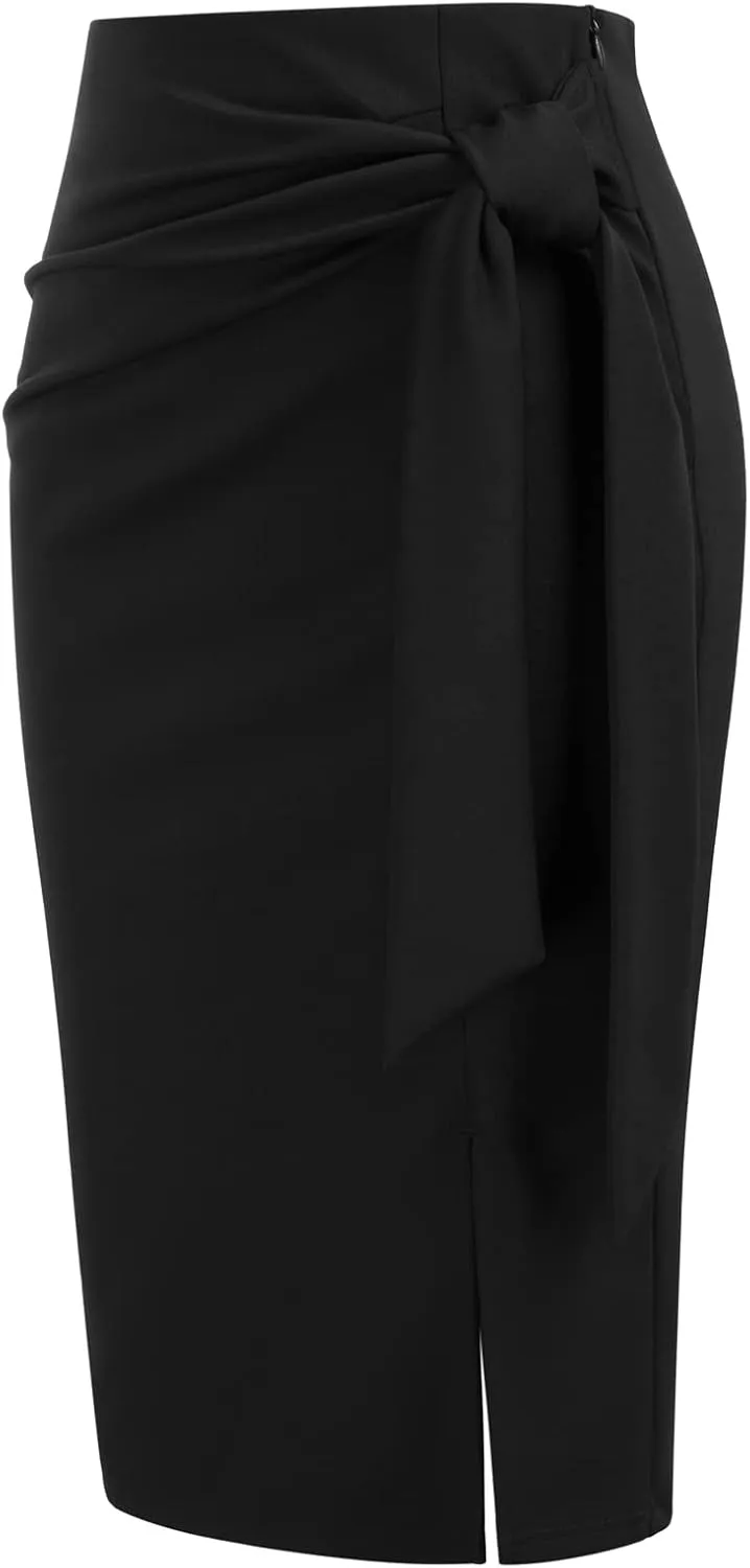 Kate Kasin Women's Skirt Elastic High Waist Bow Tie Knee Length Stretch Bodycon Pencil Skirts with Slit