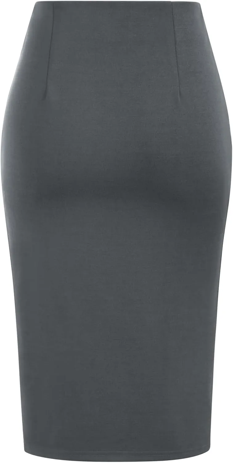 Kate Kasin Women's Skirt Elastic High Waist Bow Tie Knee Length Stretch Bodycon Pencil Skirts with Slit