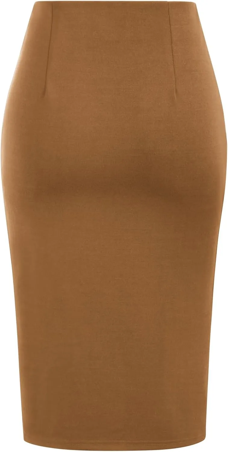 Kate Kasin Women's Skirt Elastic High Waist Bow Tie Knee Length Stretch Bodycon Pencil Skirts with Slit