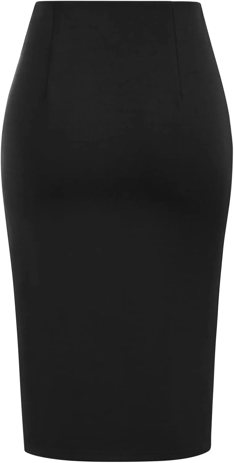 Kate Kasin Women's Skirt Elastic High Waist Bow Tie Knee Length Stretch Bodycon Pencil Skirts with Slit