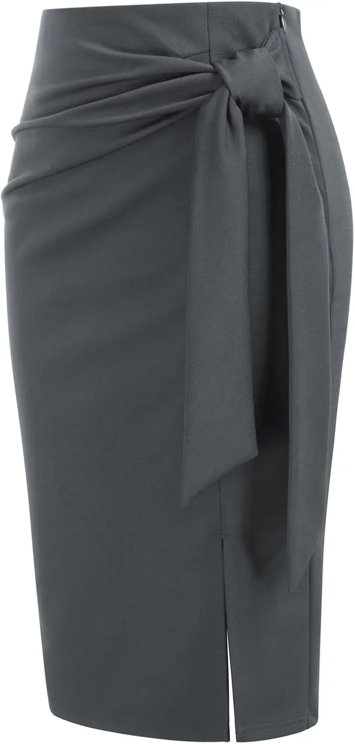Kate Kasin Women's Skirt Elastic High Waist Bow Tie Knee Length Stretch Bodycon Pencil Skirts with Slit