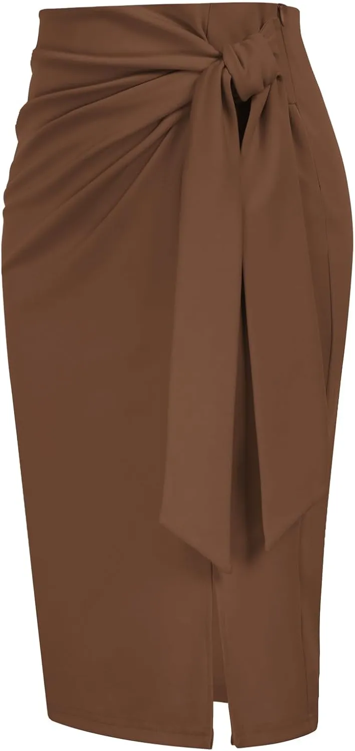 Kate Kasin Women's Skirt Elastic High Waist Bow Tie Knee Length Stretch Bodycon Pencil Skirts with Slit
