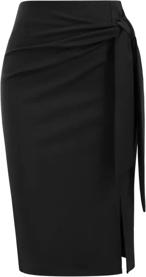Kate Kasin Women's Skirt Elastic High Waist Bow Tie Knee Length Stretch Bodycon Pencil Skirts with Slit
