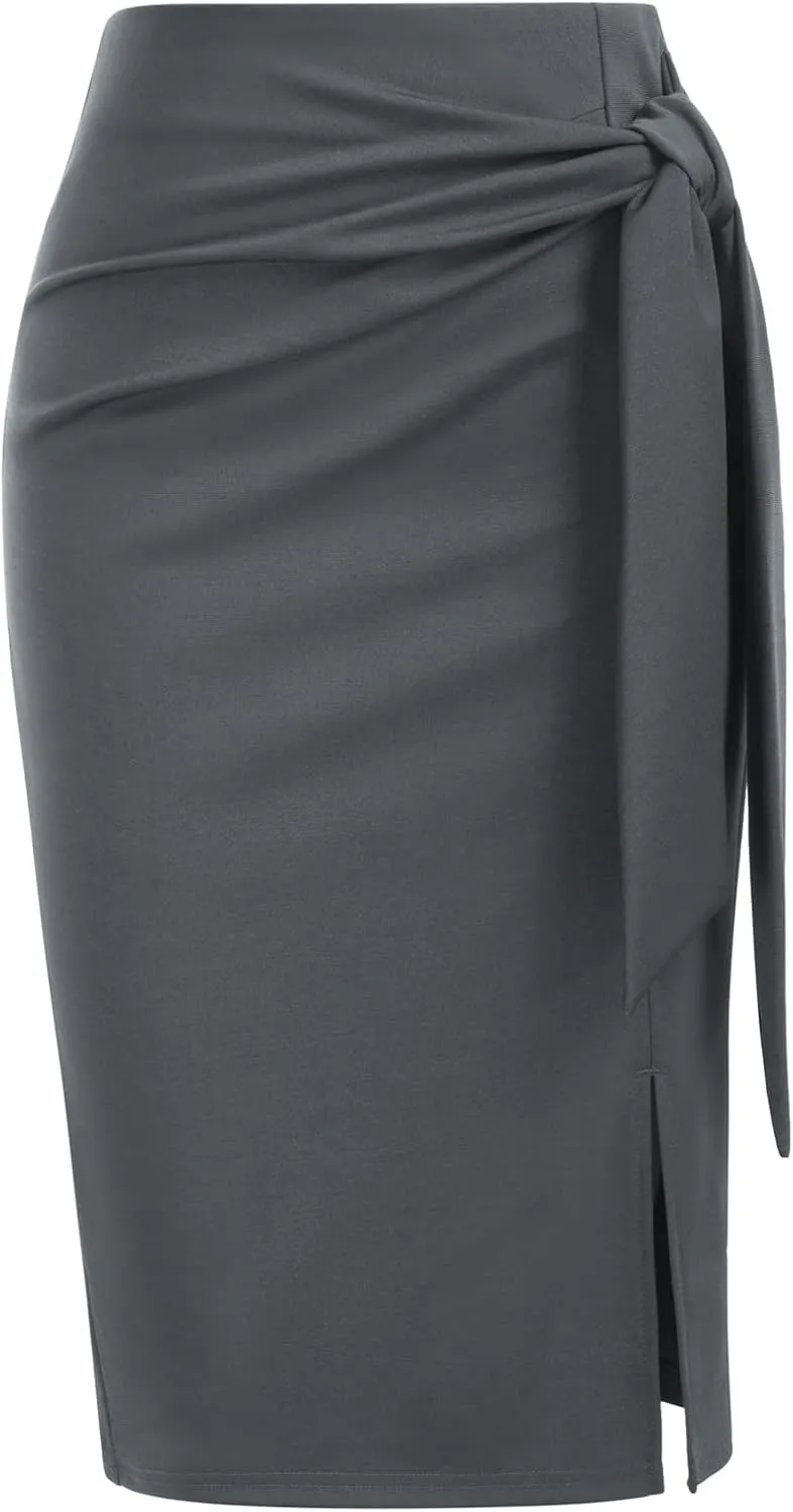Kate Kasin Women's Skirt Elastic High Waist Bow Tie Knee Length Stretch Bodycon Pencil Skirts with Slit