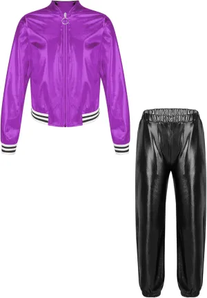 Kids Boys Girls Jazz Hip Hop Dance Costume Shiny Leather Jacket Sweatshirt with Sweatpants Set