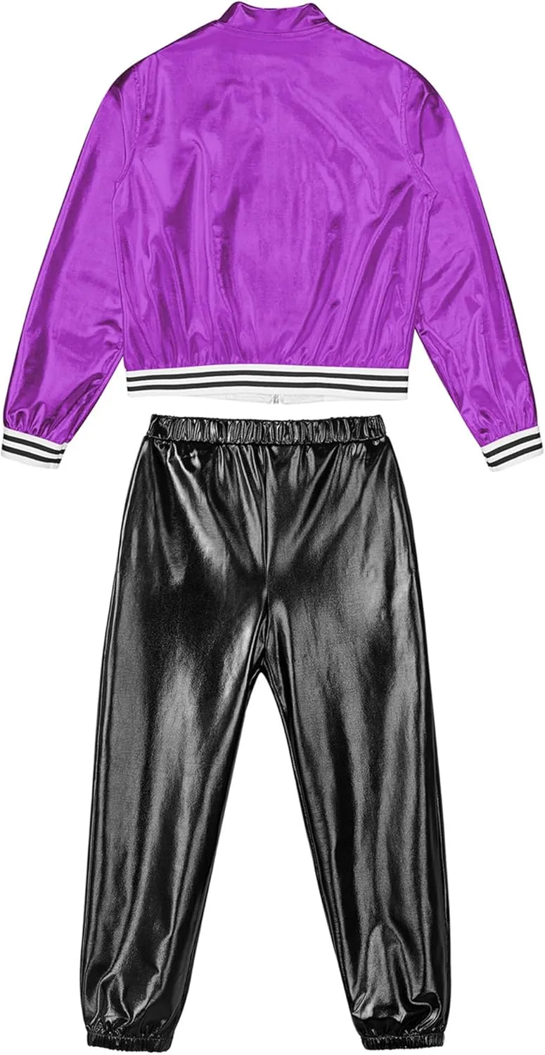Kids Boys Girls Jazz Hip Hop Dance Costume Shiny Leather Jacket Sweatshirt with Sweatpants Set